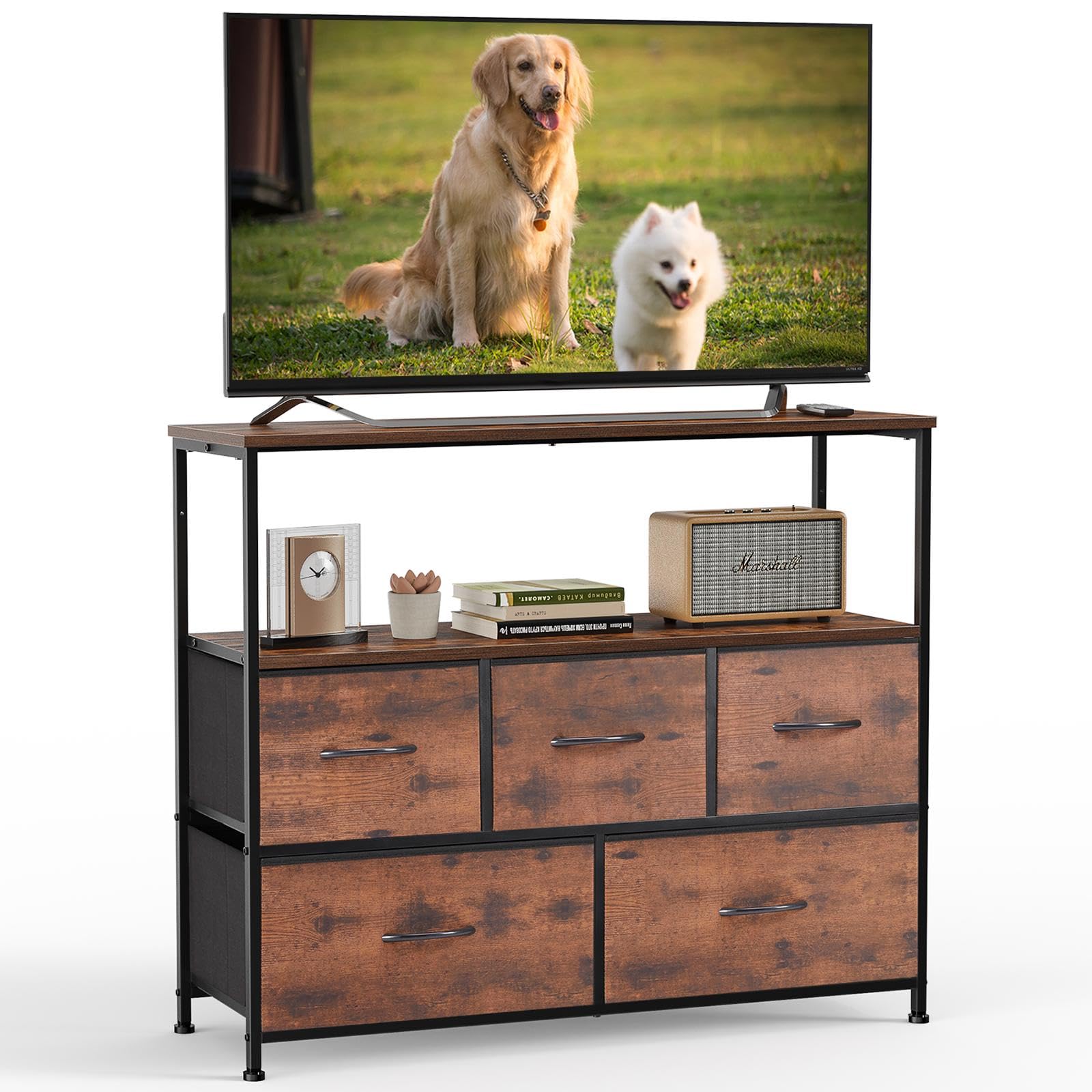 View 1 of ***ONLY REFERENCE***DUMOS TV Stand Dresser with 5 Fabric Storage Drawers, Media Console Featuring Open Shelf for 45 inch TV, Compact Entertainment Unit for Bedroom, Living Space, or Dorm Organization, Rust