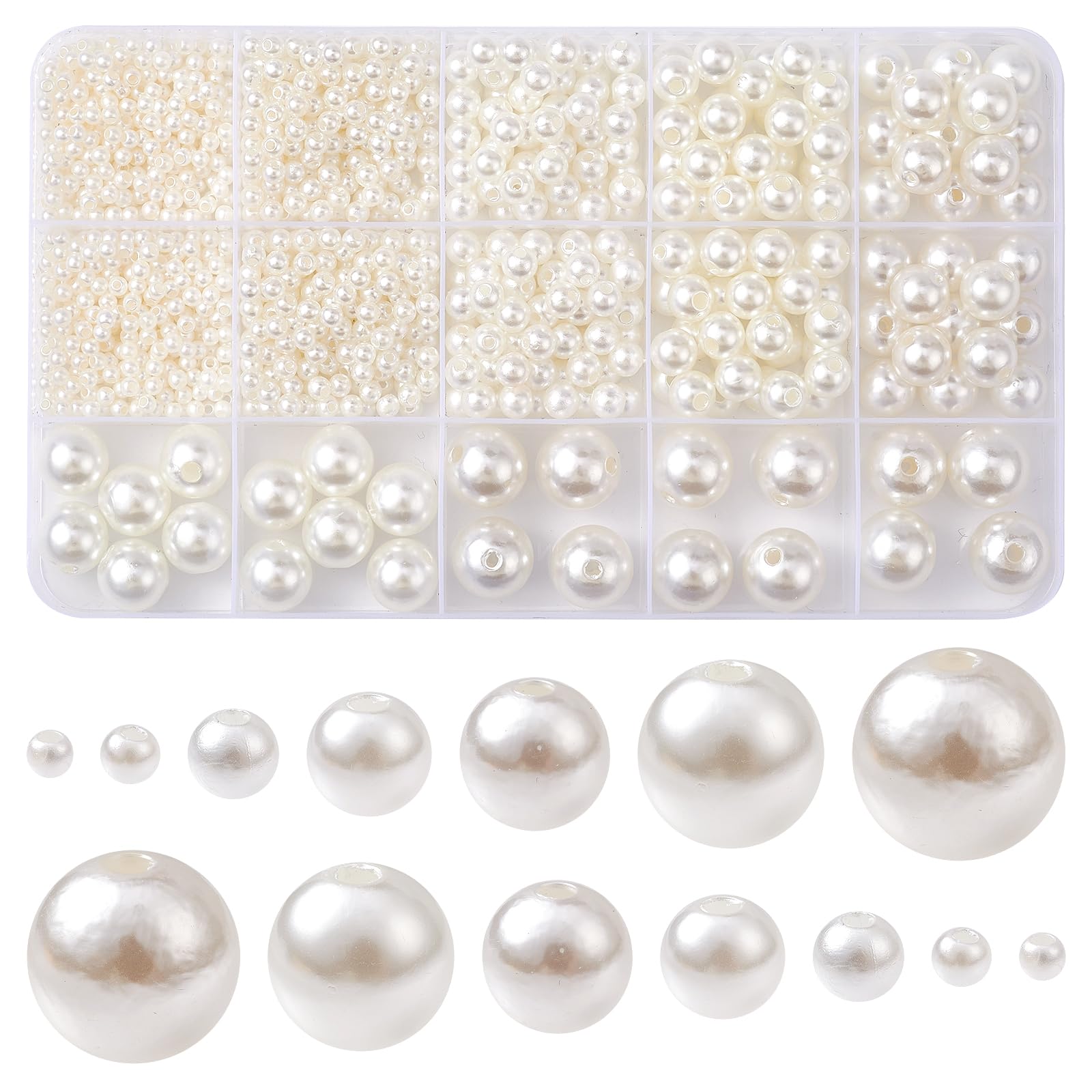 Stiesy Approx 1100pcs White Imitation Round Spacer Bead 3/4/6/8/10/12/14 mm Pearl Beads for Jewellry Making DIY Bracelet Crafting