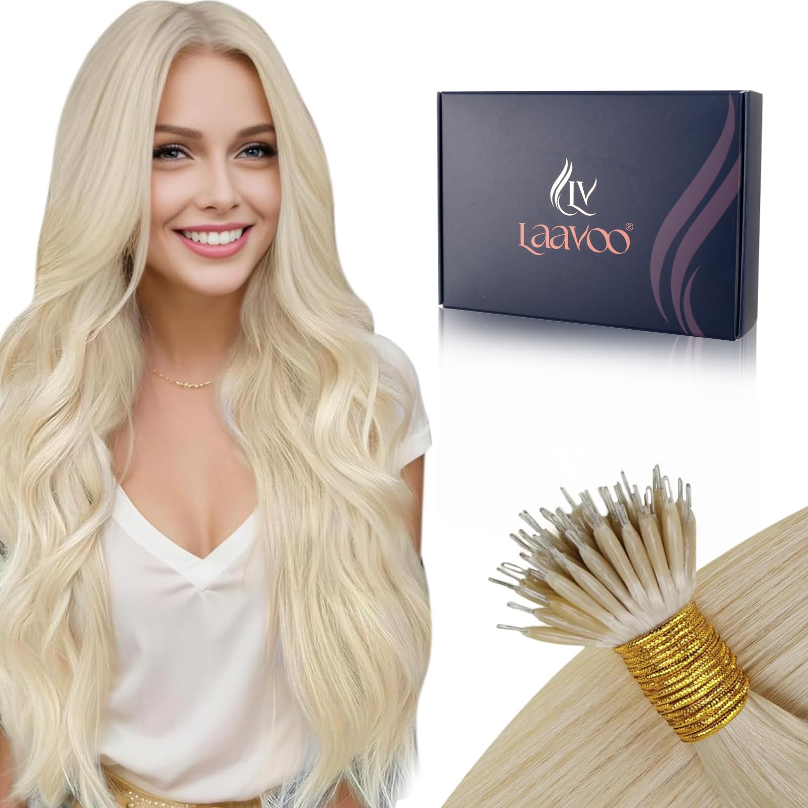LaaVoo Nano Hair Extensions Real Human Hair Blonde Nano Beads Hair Extensions 16 Inch Light Blonde Invisible Nano Ring Straight Remy Hair 50g 50s #613 — image 1