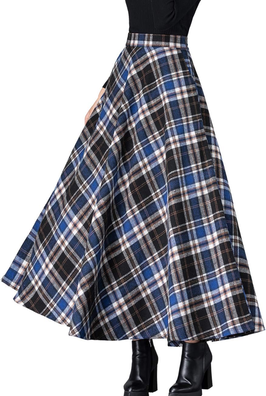 Femiserah Women's Elastic Waist A Line Long Maxi Plaid Wool Skirt Vintage Wool Skirt