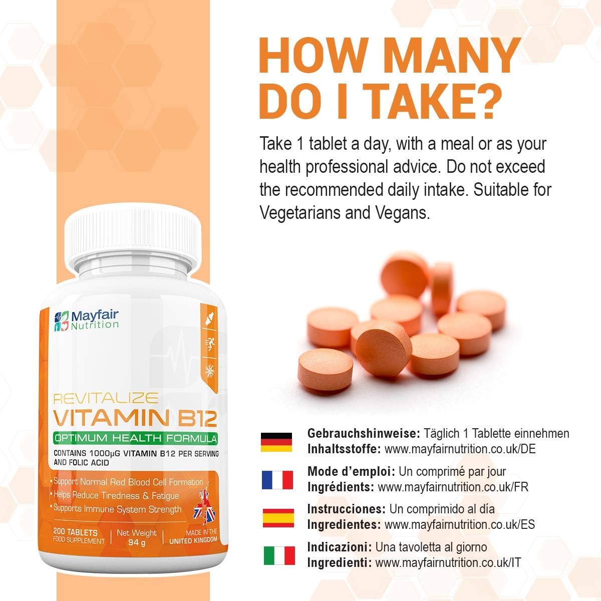 Vitamin B12 Supplements with Folic Acid - 200 Tablets of 1000 mcg Vegan B12 - Non-GMO & Gluten-Free - Made in UK - Image 4