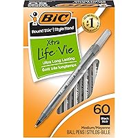 BIC Round Stic Extra Life Long-Lasting Ink and Comfortable Grip Ballpoint Pen, 60-Count in Black Ink