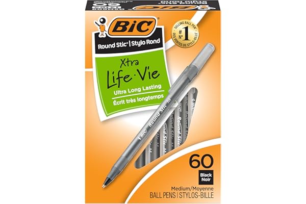 BIC Round Stic Xtra Life Ballpoint Pen, Ultra Long Lasting and Consistent Ink Flow, 60-Count in Black Ink