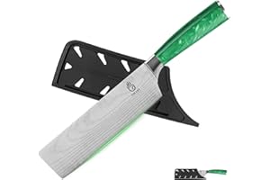 FULLHI Nakiri Knife,Multi Color 7inch Japanese Knife Stainless Steel Cooking Meat Vegetable Kitchen Knife with Sheath (Green 