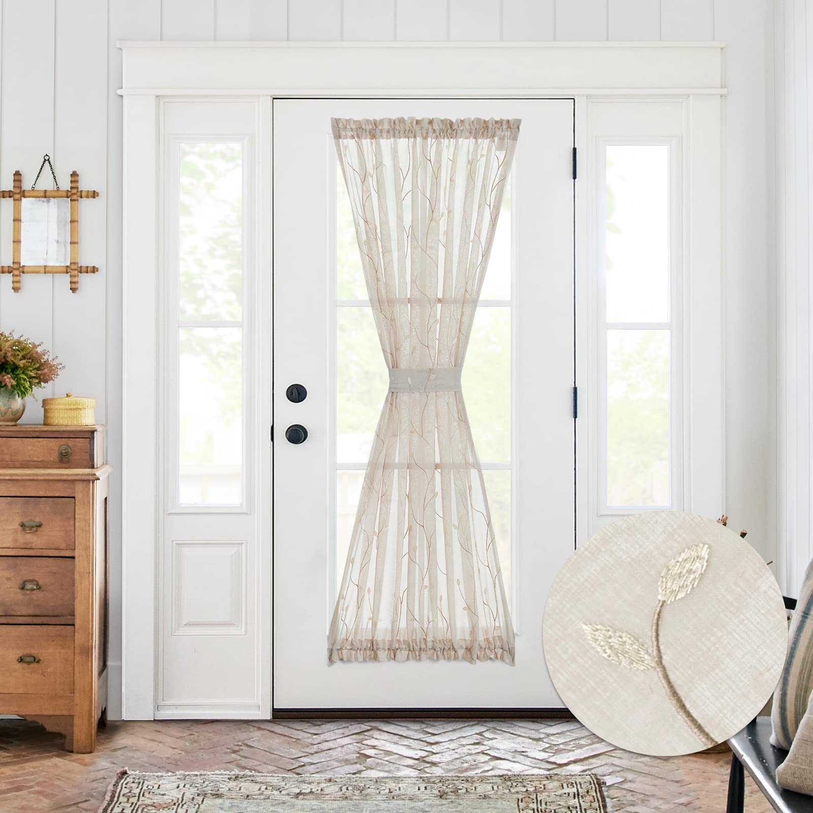 Photo 1 of jinchan Sheer Door Curtain 72 Inches Floral Embroidered Semi-Sheer Embroidery Voile Floral French Door Curtain Light Filtering Drape Rod Pocket 1 Panel Beige