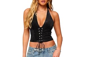 TZLDN Womens Corduroy Halter Corset Tops Sexy Backless Going Out Crop Tops Lace Up Y2k Rave Club Outfits