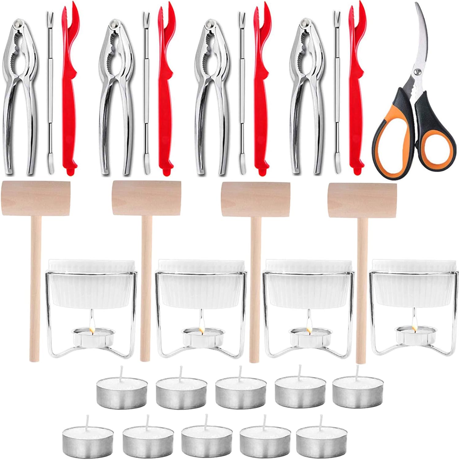 Artcome 31 Pcs Seafood Tools Set includes 4 Crab Forks, 4 Lobster Crab Crackers, 4 Lobster Shellers, 4 Butter Warmers, 4 Lobster Crab Mallets, 1 Seafood Scissor and 10 Tealight Candles: Kitchen & Dining