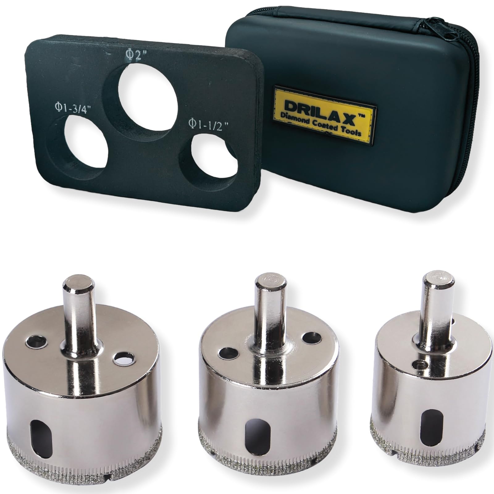 Drilax 3-Pc Diamond Hole Saw Set | 38mm, 45mm, 50mm Sizes | Extra Deep for 3cm Countertops | Includes Case & Guide | For Granite, Glass, Tile, Stone