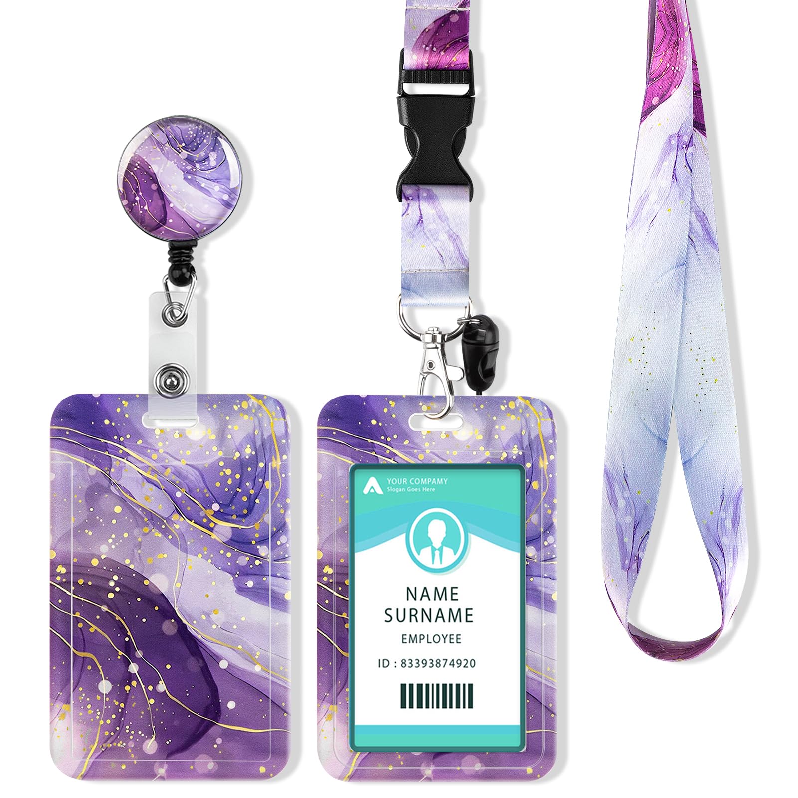 ID Card Holder with Lanyard, Extendable Lanyard ID Card Holder, ID Card Case with Strap, Key Ring for ID Card, Student ID, Credit Cards (Marbled Purple) โ image 1