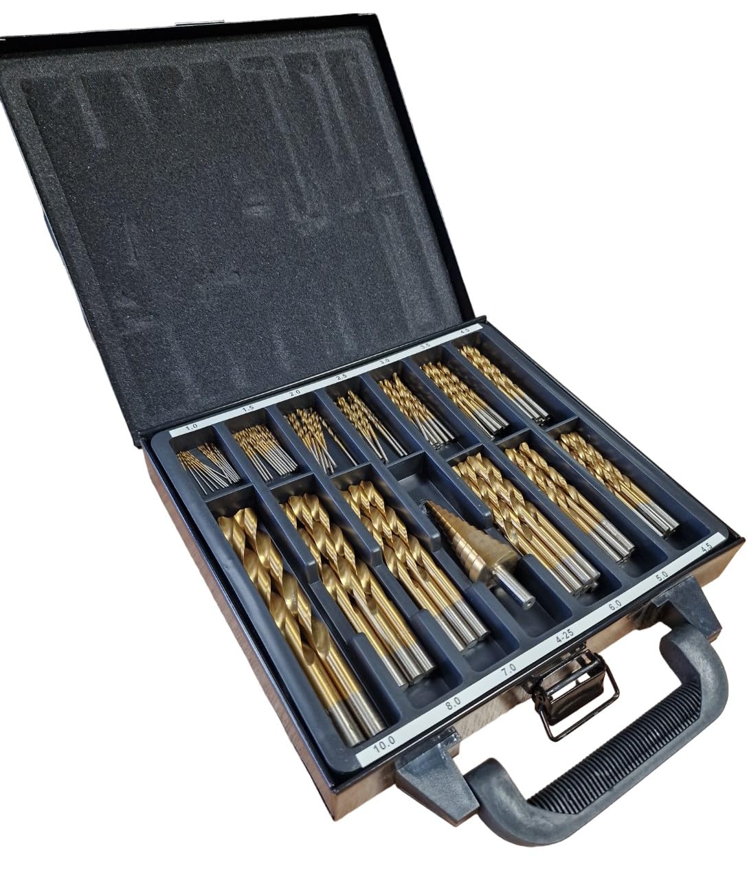 119pc Titanium Coated HSS Jobber Drill Bit Sets. 1 to 10mm & 1.5-4.5mm set with HSS Step Drill 4-25mm. Tackle a wide range of materials from Metal, Woods, Plastics. Complete in a Box Case