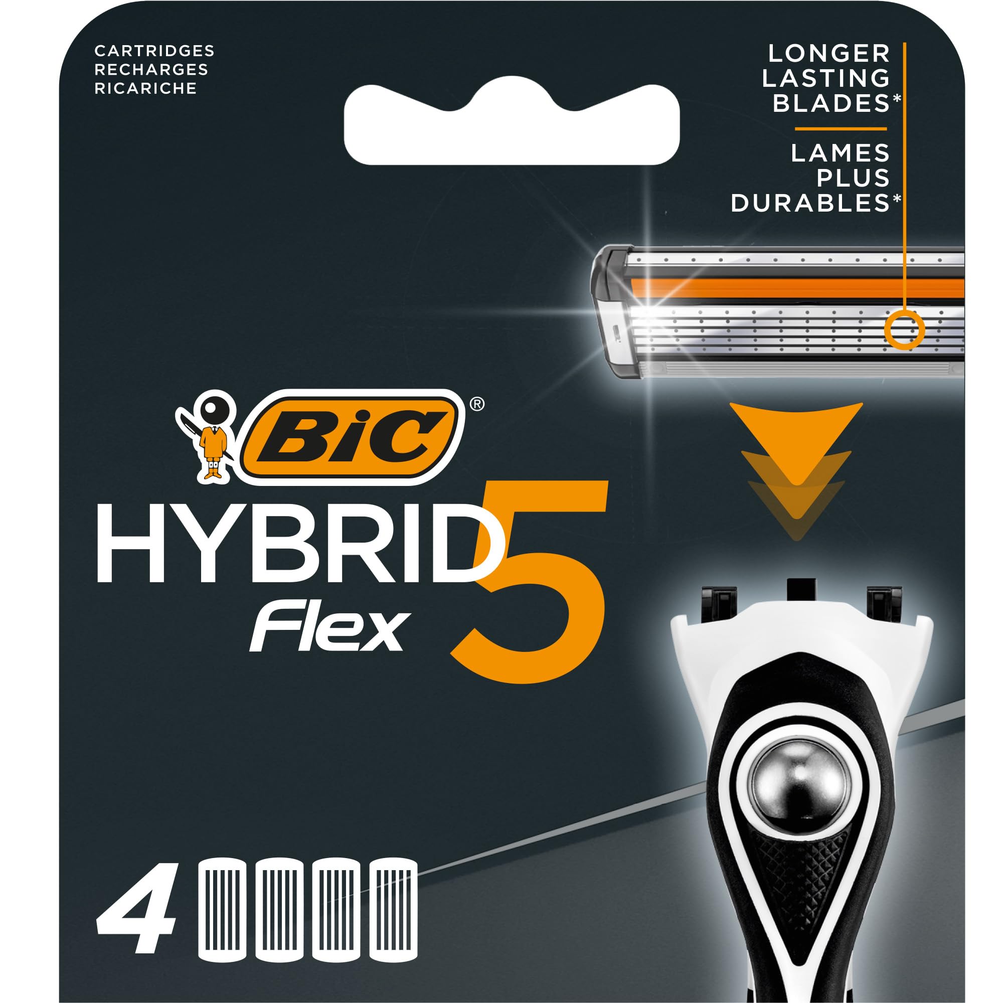BIC Hybrid 5 Flex Men's Shaver Refills with 5 Moveable Nano-Tech Titanium Coated Razor Blades - Box of 4 Cartridges