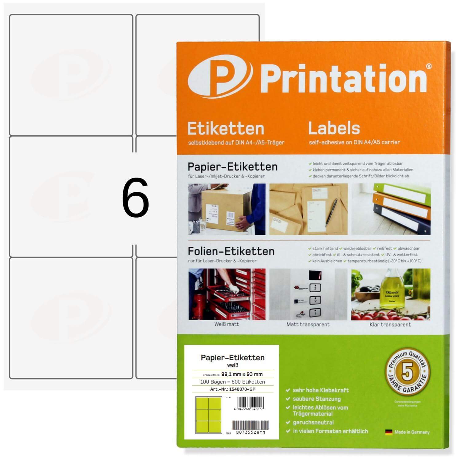 Printation Address Labels 99.1x93 mm, 600 Labels for 100 A4 Sheets, Universal Compatibility, White, Rounded Corners, Self-Adhesive