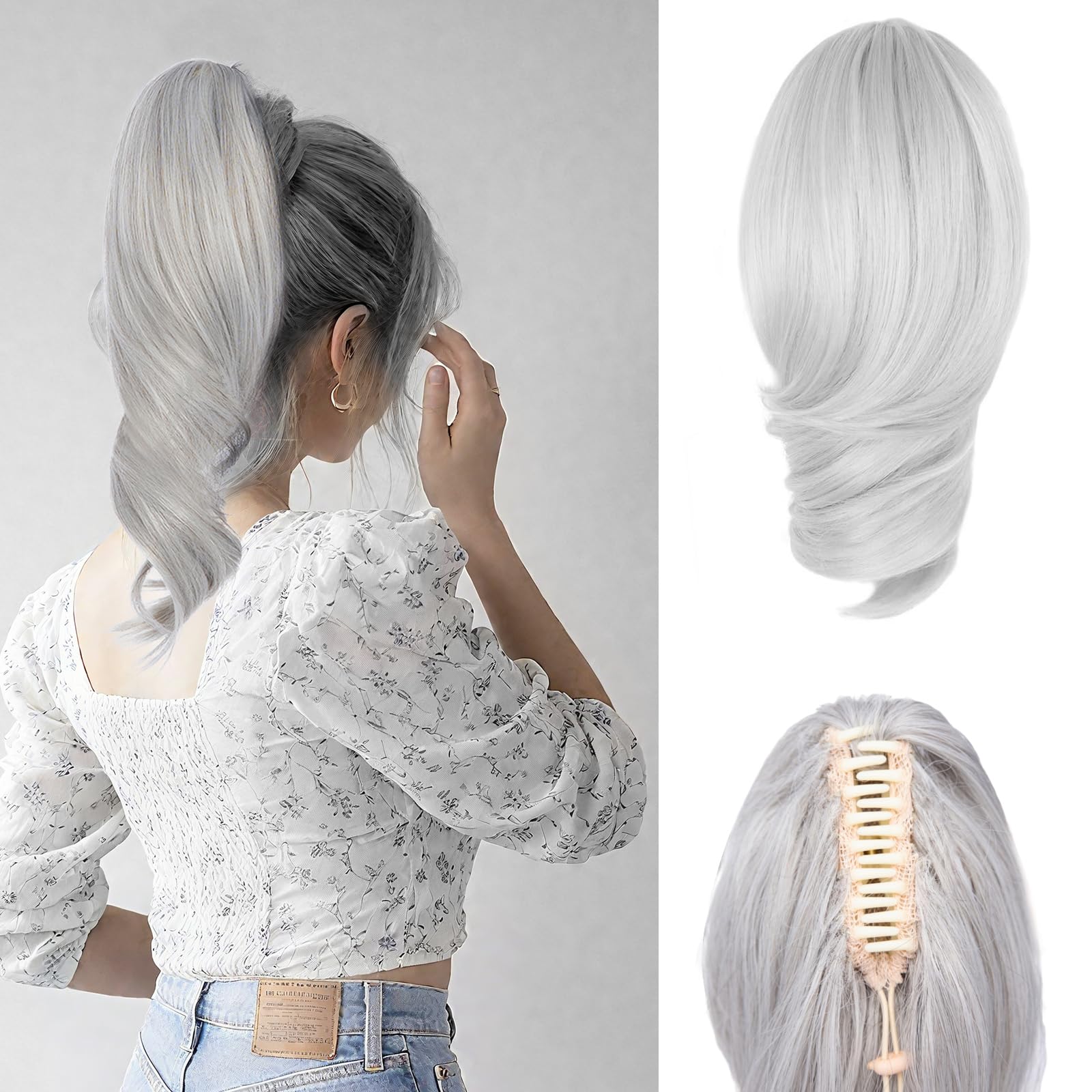 Photo 1 of Silver Grey Ponytail Extension 10" Claw Clip Synthetic Soft Hair Pieces for Women, Clip in Fake Ponytail with Natural Wave, Grey Hair Extensions for Women Daily Use(Silver Grey)