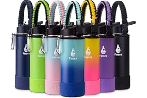 Farsea Insulated Water Bottle With Paracord Handle, Protective Boot and 2 Lids (Straw Lid & Spout Lid), Stainless Steel Water Bottle Wide Mouth, Double Wall Sweat-Proof BPA-Free, 18 oz