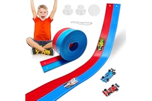 LANDHIX Flexible Race Track Toys for Kids, 15 Ft Double Lane Racetrack with 4 Cars & Suction Cups, Compatible with Hot Wheels & 1/64 Diecast Cars, Portable Roll Up Car Ramp Track Set for Ages 3+(Red & Blue)