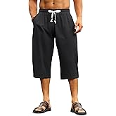 Cotrasen Men's Cotton Linen Capri Pants Loose Fit Elastic Waist Drawstring Baggy Harem Pants Casual Beach Yoga Trousers