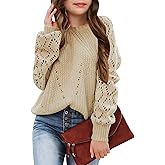 Newffr Girls Crochet Hollow Out Crewneck Long Sleeve Lightweight Knit Sweaters Pullover Jumper Kids Soft Tops