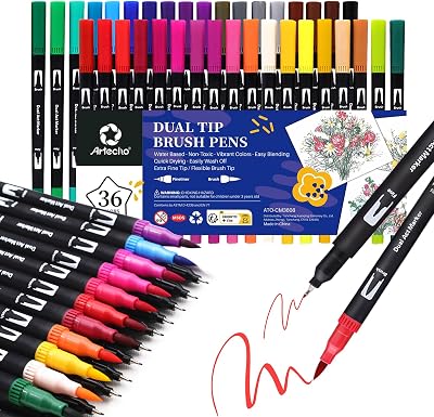 Artecho 36 Dual Tip Brush Pens - Nylon Tip Dual-Line Markers for Artists