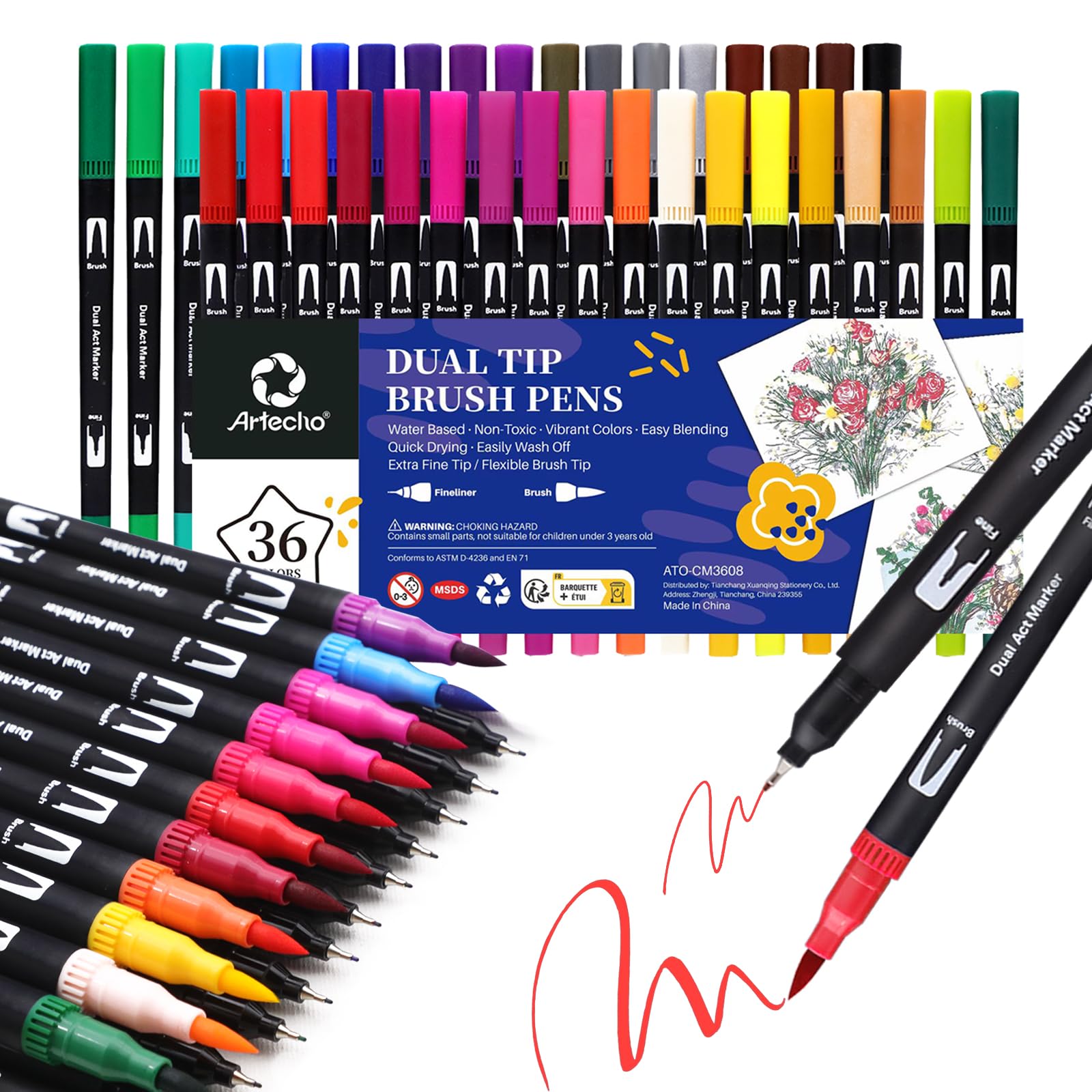 Artecho 36 Dual Tip Brush Pens，Colouring Pens brush pens for Adult，Colouring Books，Calligraphy，Drawing，Sketching, nylon tip for Artists，Beginners