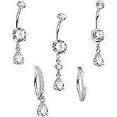 CM Crareesi Mania Dangle Belly Rings Pack 316L Stainless Steel Belly Piercing Jewelry 14G Belly Clicker Piercing 5PCS Dangly Navel Ring for Women