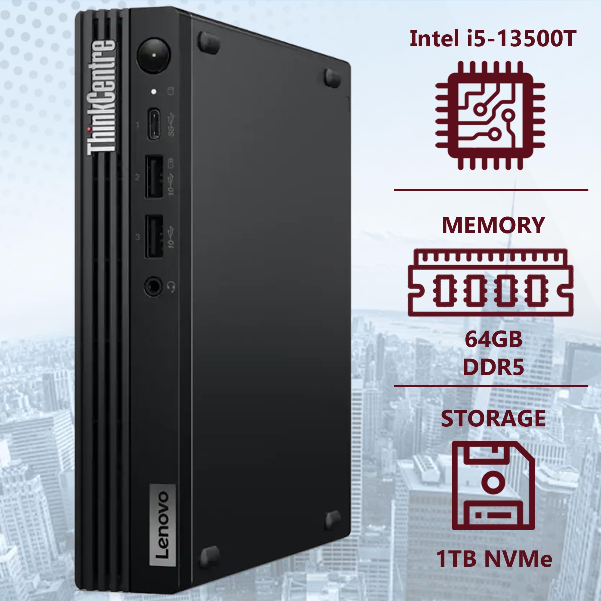 Lenovo ThinkCentre Tiny M70q Gen 5 Intel 10-Core i5-14400T (Beat i7-13700T), 64GB DDR5 RAM, 1TB NVMe, WiFi 6E, Bluetooth, RJ-45, DP Port, HDMI, W11P, Business Desktop, 3 Yr Wty