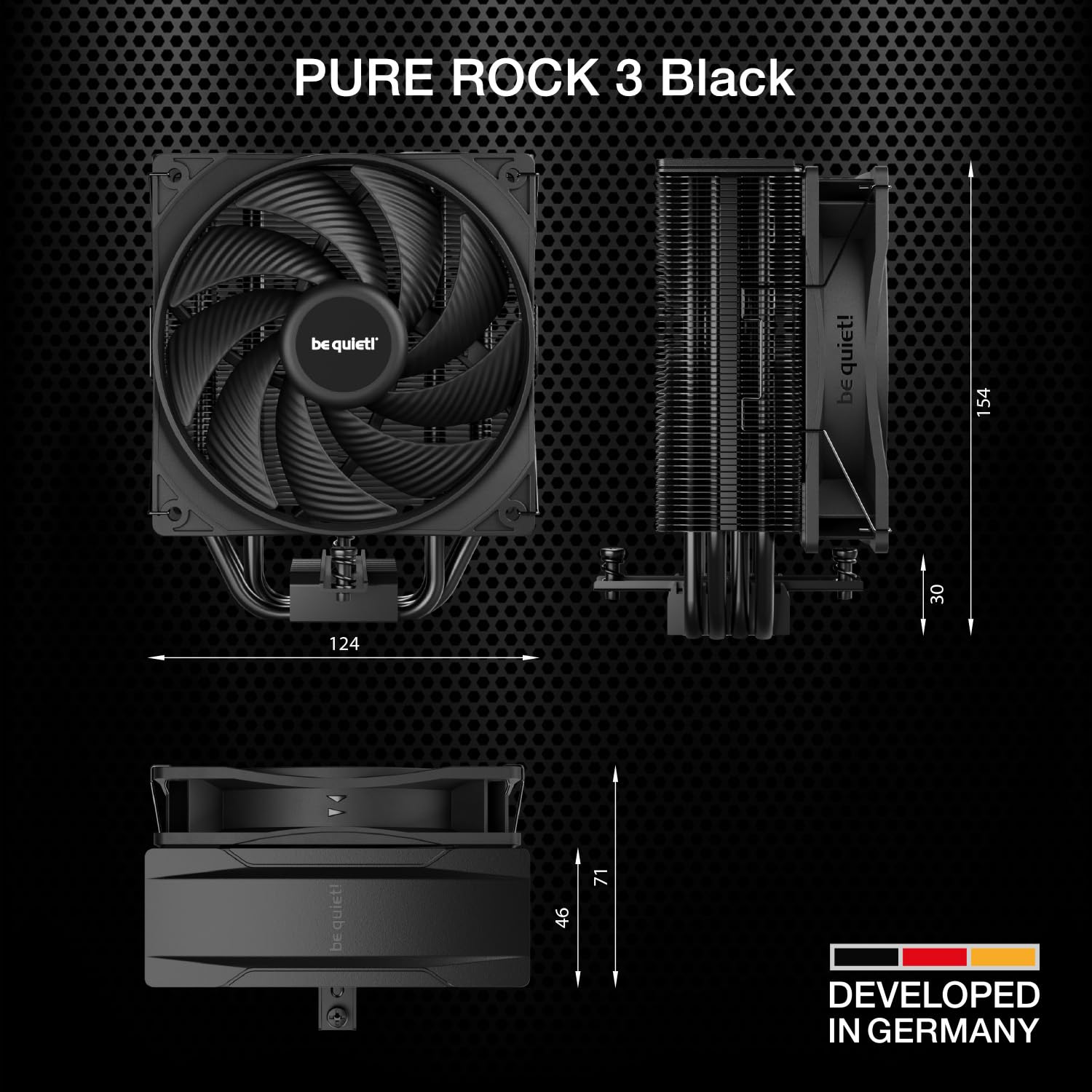 be quiet! Pure Rock 3 Black Luftkühler, sehr hohe Kühlleistung, 4 Hochleistungs-Heatpipes mit HDT-Technologie, optimierter Pure Wings 3 120mm PWM- Lüfter, vorinstallierte Montagebrücke 7