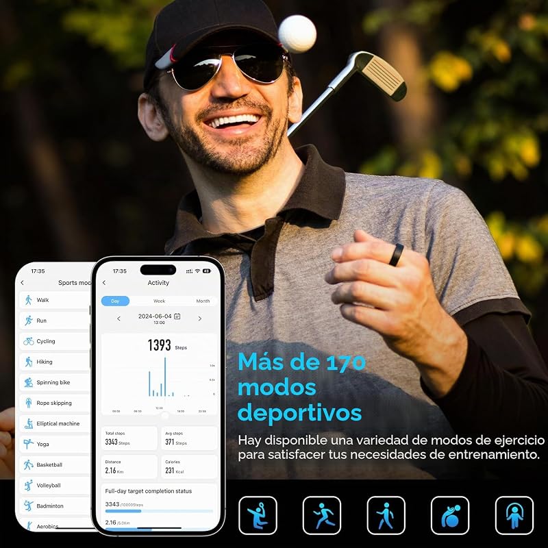 Anillo Inteligente Hombre Mujer, Smart Ring con Control por Gestos, HRV/Pulsometro/SpO2/ Sueño, 170+ Modos Deportivos Anillo de Fitness con 5ATM Impermeable, iOS Android (Negro, 11) — foto 5 de 8
