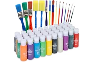 POSITIVE ART Kids Tempera Paint Set | Value Pack Includes 40 Washable Non-Toxic Colorful Paints (2oz bottles) & 15 Brushes | Metallic, Neon, Glow In The Dark, Glitter Paints | Paint For Arts & Crafts, Fun Projects