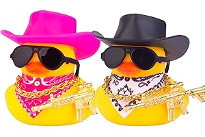 CoFuBcad 2PS Rubber Duck Dashboard Decoration, Yellow Duck Car Ornament Cute Accessory with Cowboy Hat Necklace Sunglasses Cool Prop for Dashboard Decorations (Black & Pink), CF029B