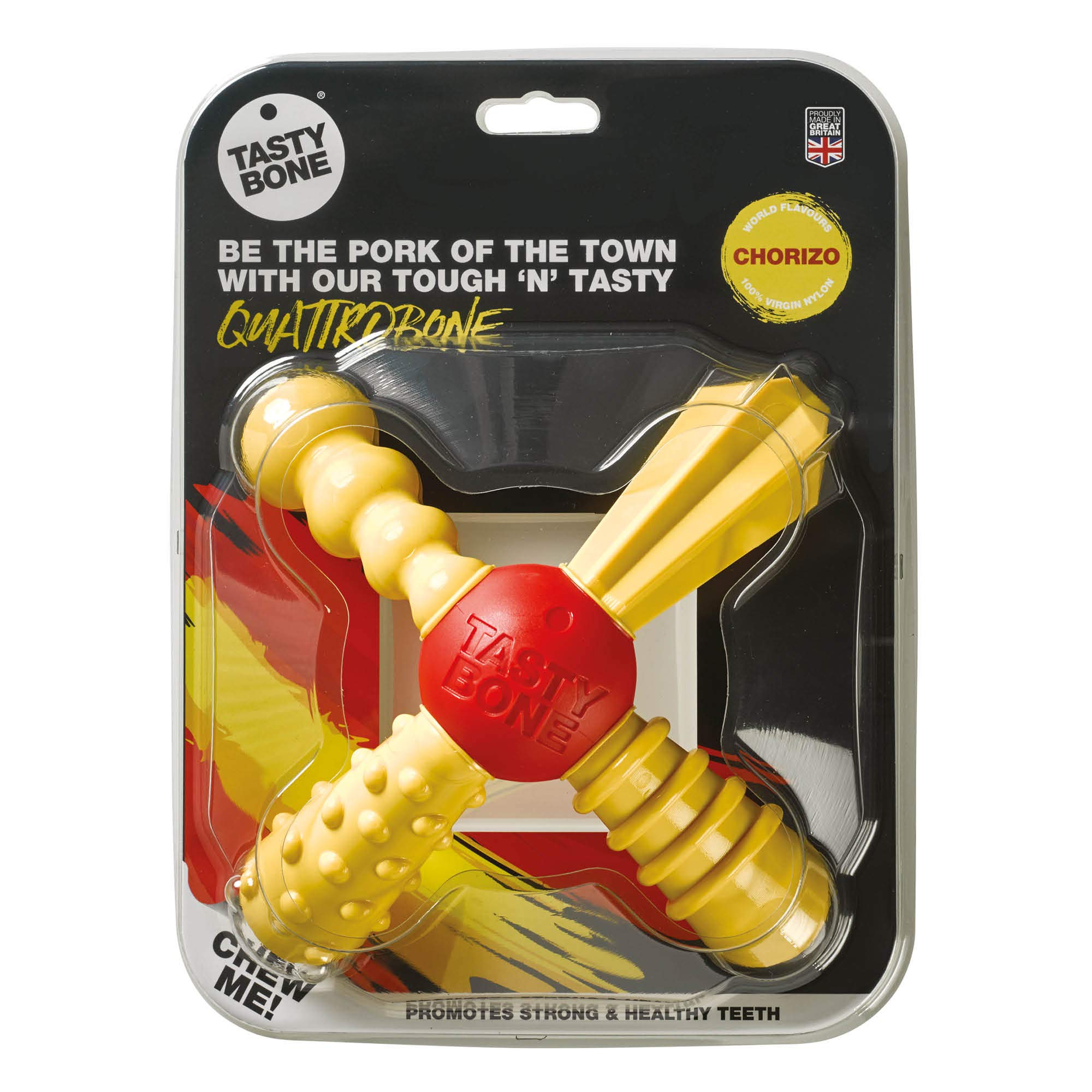 TastyBone QuattroBone Nylon Dog Chew Toy for Large Dogs (Chorizo) - Indestructible for Aggressive Chewers, Everlasting Flavour, Strong Healthy Teeth, Made in the UK