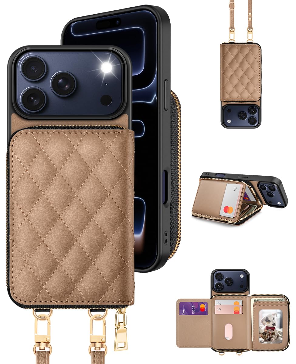 Photo 1 of OCASE Compatible with iPhone 17 Pro Crossbody Wallet Case with Card Holder, PU Leather Zipper Handbag Phone Purse with RFID Blocking Kickstand Wrist Strap Lanyard 6.3 Inch, Diamond Check Khaki