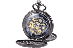 SIBOSUN Pocket Watch Skeleton Mechanical Double Case Hand-Wind Roman Numerals Antique Chain Mens