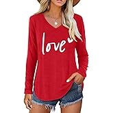 Boikukx Valentine V Neck Shirt for Women Cute Love Heart Long Sleeve Casual Tee Tops