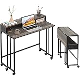 Gezen Folding Desk with Storage Shelf, Small Rolling Desk with Wheels, Mobile Sofa Side Table for Home Office Small Space, Dark Grey, 31.5"