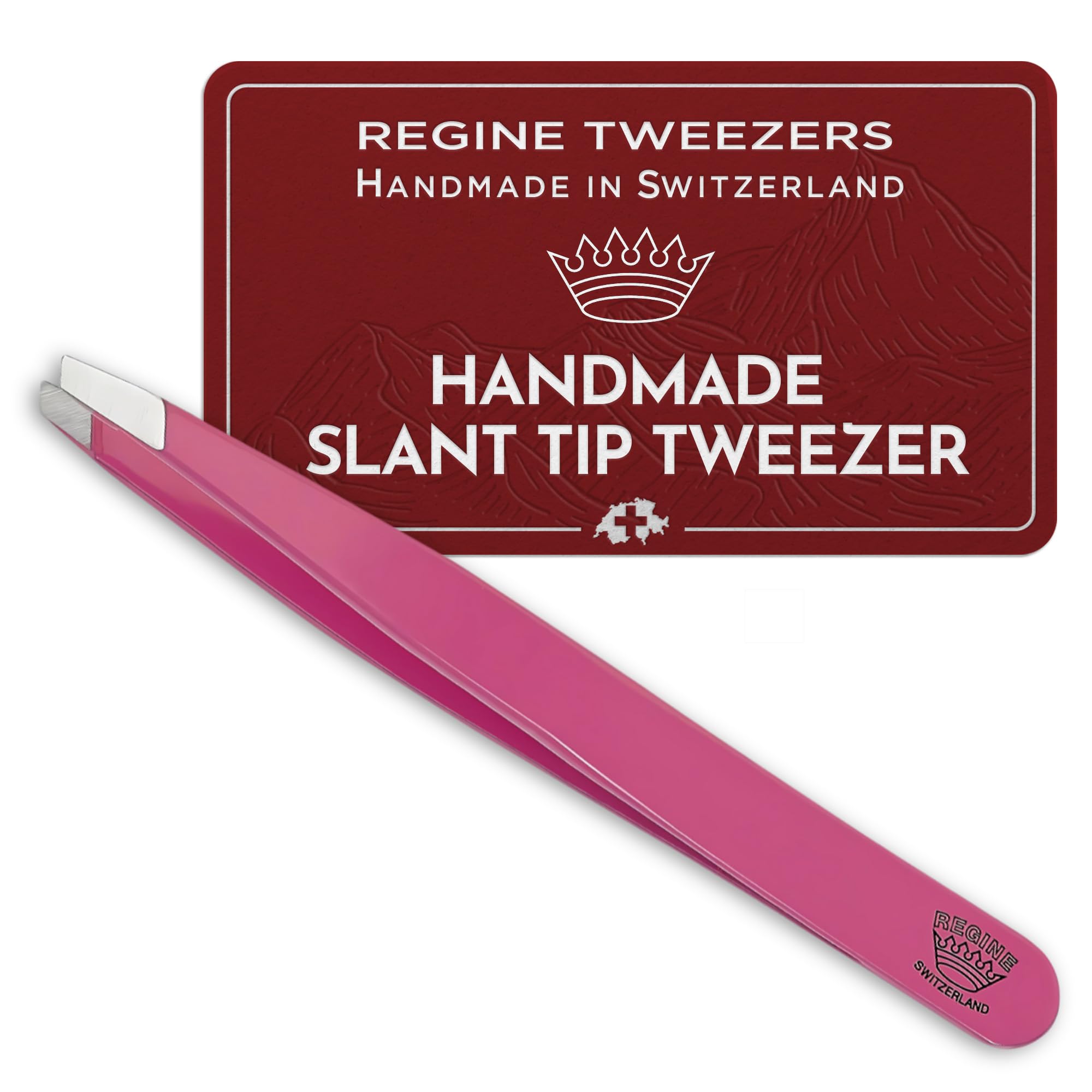 Regine Switzerland Slant Tweezer - Handmade in Switzerland - Professional Eyebrow & Facial Hair Remover - Etched Interior Grabs Hair from The Root - Perfectly Aligned Tips - Stainless Steel, Pink