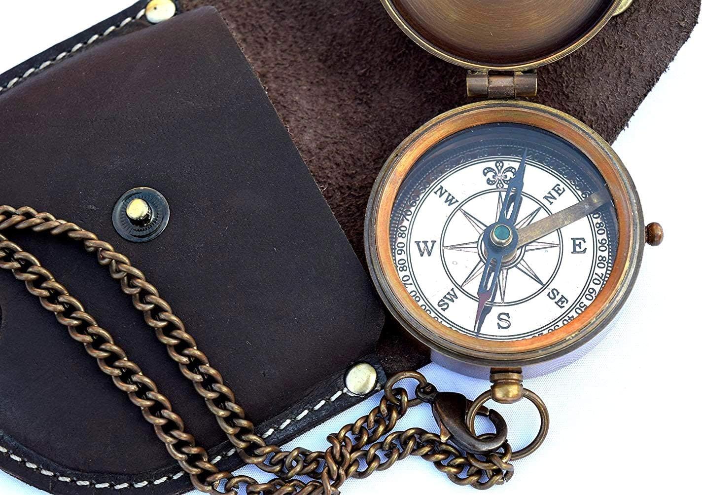 Brass Compass ON Chain with Leather CASE, Directional Magnetic Compass Pocket Brass Compass with Leather Carry Case Rustic Vintage Home Decor Gifts