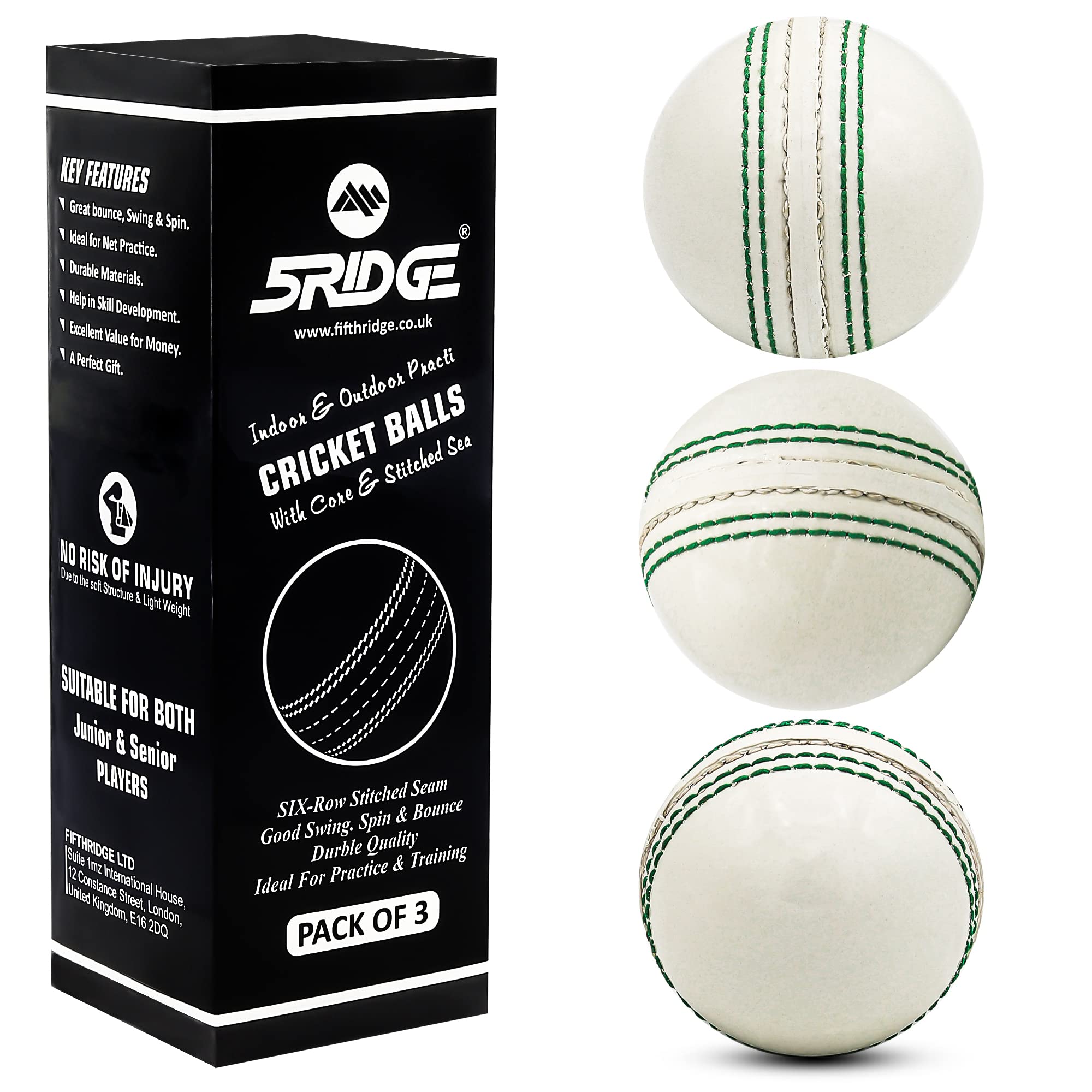 5RIDGE 3PCS Cricket Balls for Training Soft & Safe Rubber Practice Cricket Ball With Real Stitched Seam & Core For Bounce, Swing & Spin, Ideal For Training, Match and Garden Play (3PCS-White)