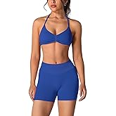 ABOCIW Womens Seamless Workout Sets 2 Piece Strappy Halter Sports Bra Scrunch Butt Shorts Gym Yoga Outfits