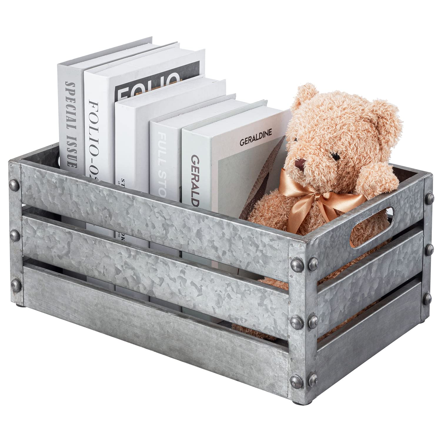 Photo 1 of MyGift 16-inch Rustic Silver Galvanized Metal Storage Crate Display Box with Vintage Corner Studs & Handles