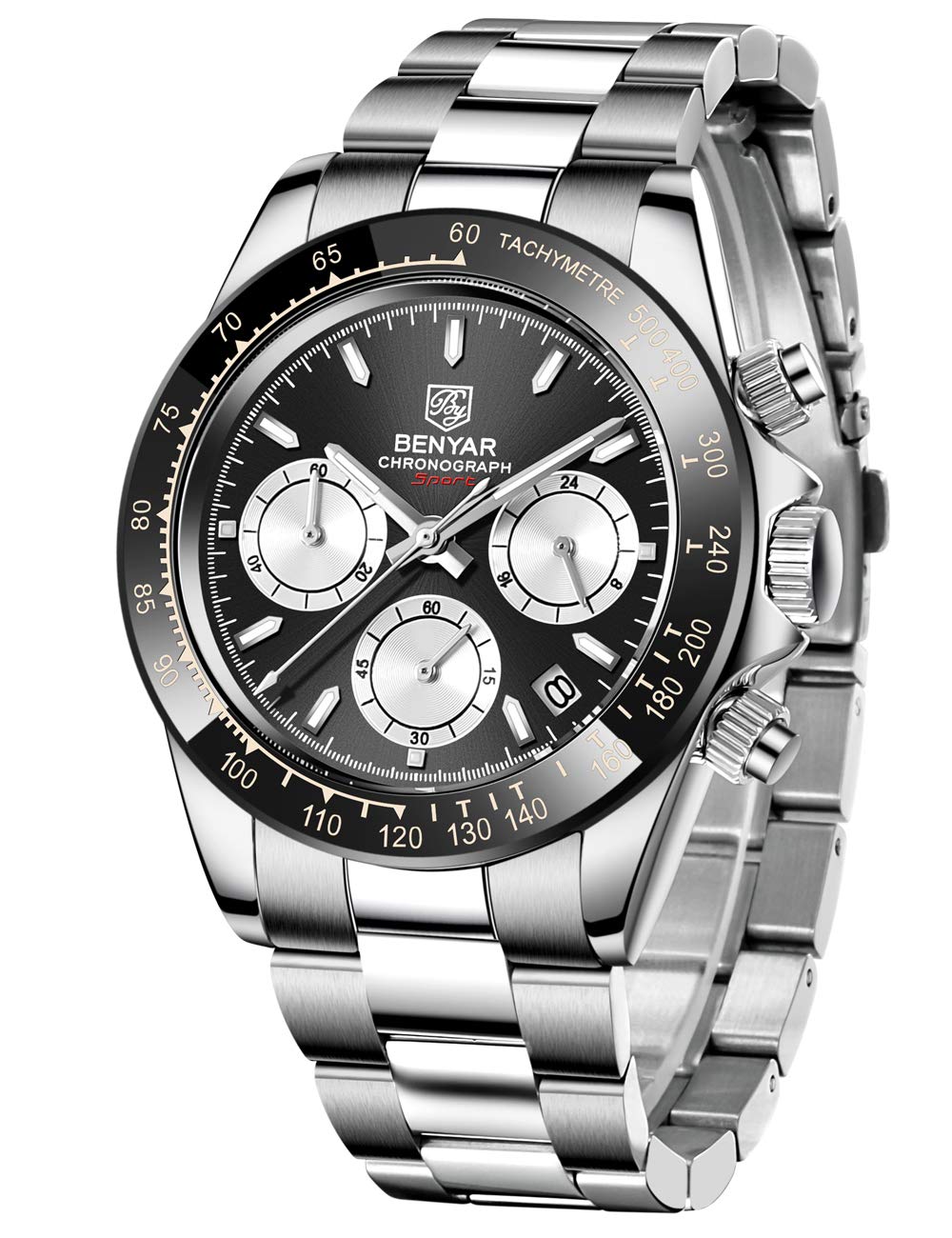Men's Watch BENYAR Analog Quartz Movement Wrist Watch Chronograph Business Waterproof and Scratch Resistant Stainless Steel Strap Leisure Sports Watches for Men（Black face White）
