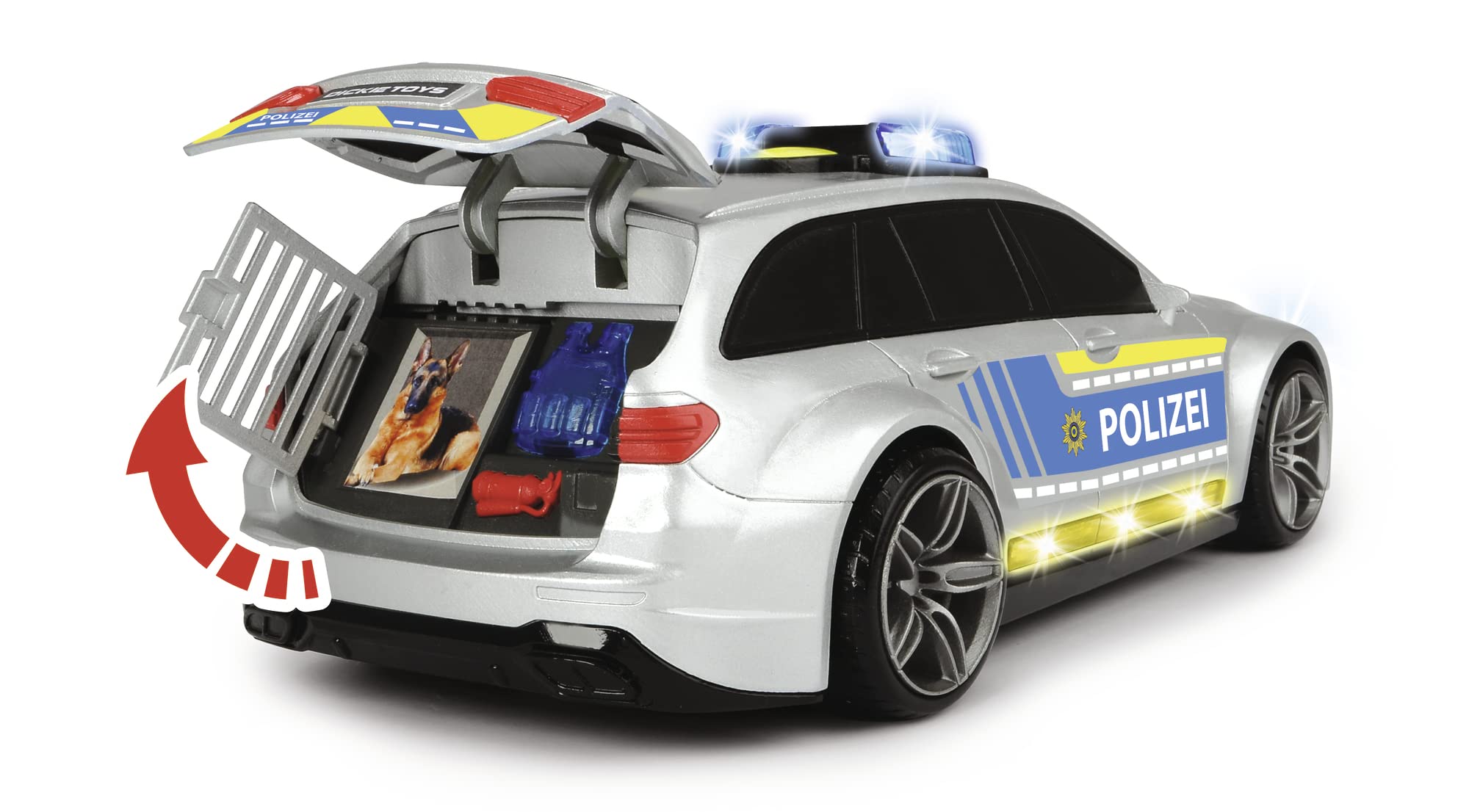 Dickie Toys Mercedes-AMG E43 Police Car with tailgate open, showing dog cage