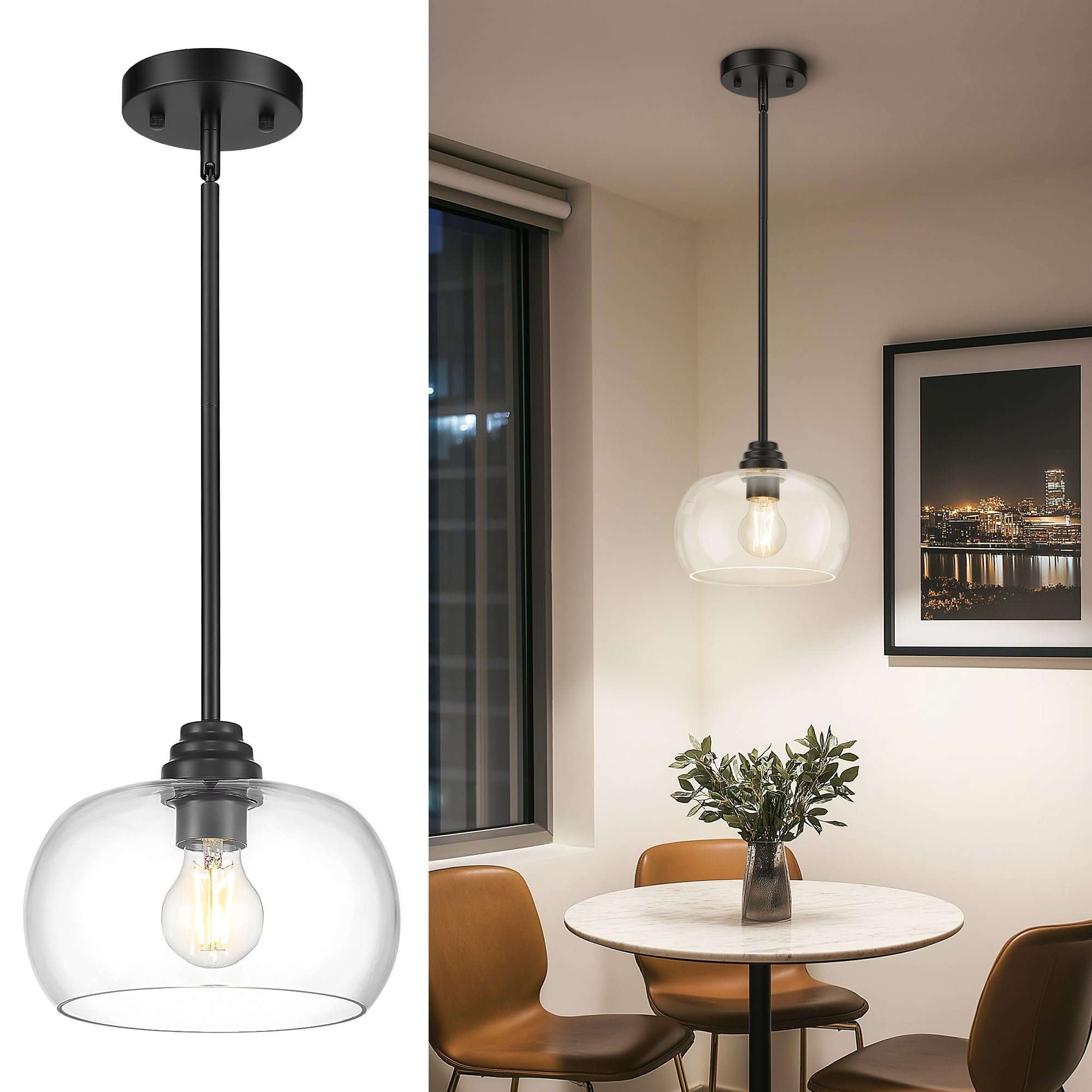 Photo 1 of AUTELO Black Pendant Lights Kitchen Island, 1-Light Pendant Lights in Black Finish with Clear Glass, Modern Pendant Light Fixtures, Hanging Lamp for Kitchen Island H9385 BK-R