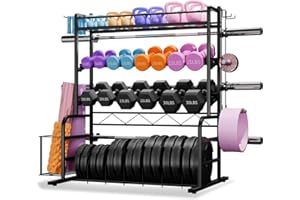 SKYPELIA XL Adjustable Weight Rack for Dumbbells - Barbell Holder Bumper Plate Storage Rack with 3 Olympic Bar Racks, Dumbbell Rack Weight Stand,Home Gym Storage Rack for kettlebells,Yoga Mat