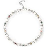 Gold Pearl Choker Necklace for Women Colorful Daisy Rhinestone Flower Chunky Statement Necklaces Fashion Jewelry Gift Accessories (silver)