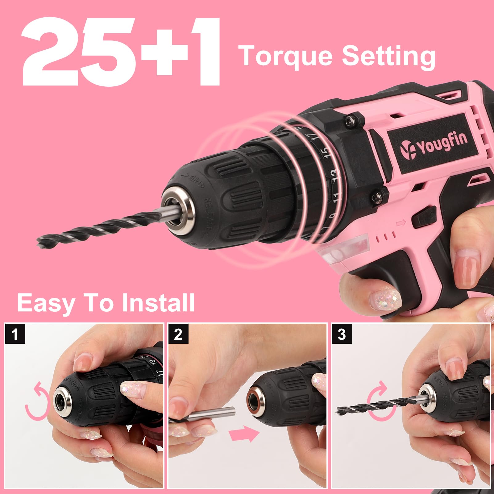 Yougfin Cordless Drill Set, 20V Power Drill Driver With Battery & Charger, 3/8'' Keyless Chuck, Variable Speed, 25+1 Torque Setting, Pink & Black