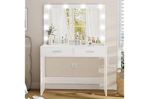 FIONESO Vanity Desk with Large Mirror, Makeup Vanity Table with Power Strip, 10 Lights & 2 Drawers, Dressing Table Set with 3 Lighting Color Adjustable for Women and Girls, Bedroom, White