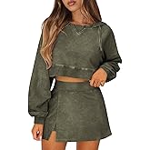 Womens Sweatsuits 2 Piece Set Mineral Wash Cropped Hoodies Lined Split Skirt Sets Matching Lounge Golf Tennis Outfits
