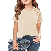 LNKQA Girls Short Sleeve T Shirts Summer Tops Kids Lace Pleated Tees 5-14 Years