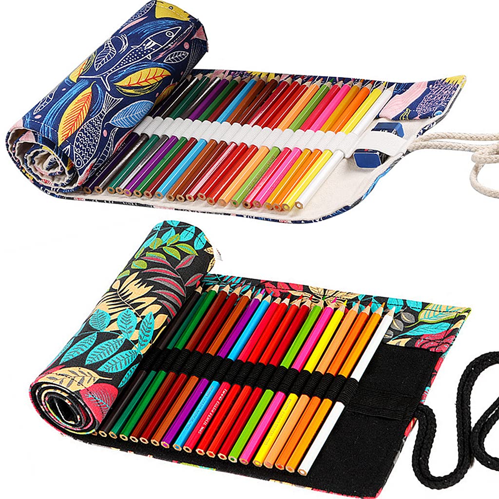 Canvas Pencil Wrap, Ouceanwin 2 Pieces 36 Slots Pencil Wrap, Canvas Pencil Roll, Portable Bag, Pencil Case, Pencil Holder, Pencil Case for Artists, Travel, School