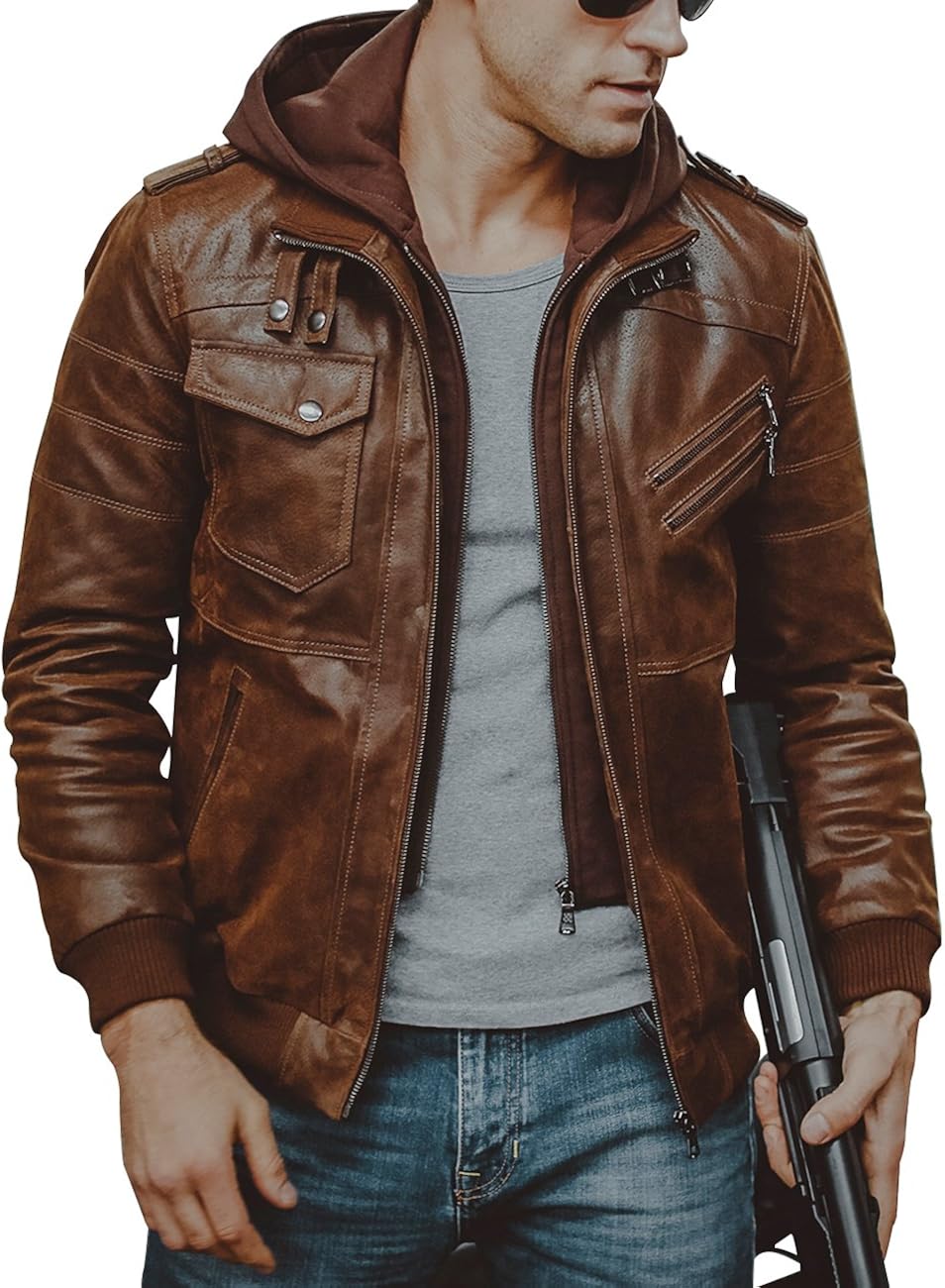 FLAVOR Men Brown Leather Motorcycle Jacket with Removable Hood at  Men’s Clothing store